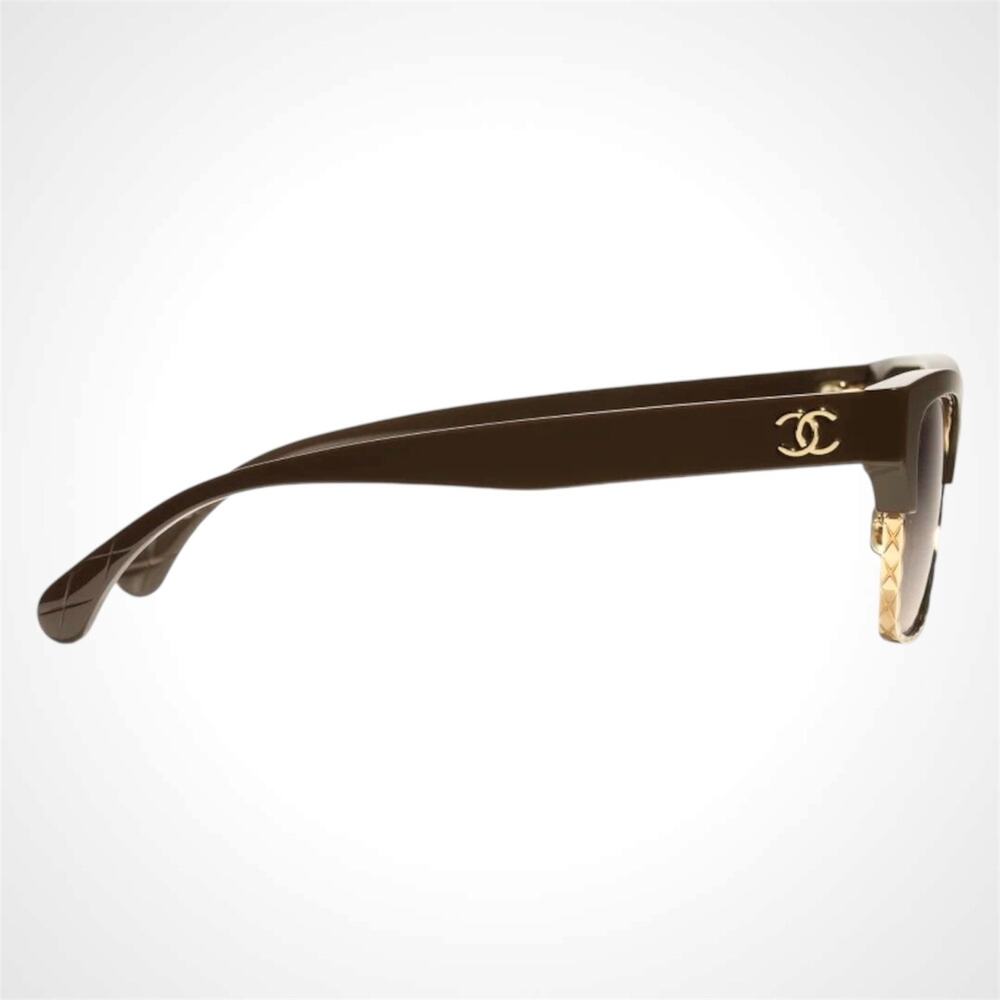 New CHANEL Sunglasses Brown Gold Cat Eye Square Metal Acetate Quilted Womens - Picture 3 of 5